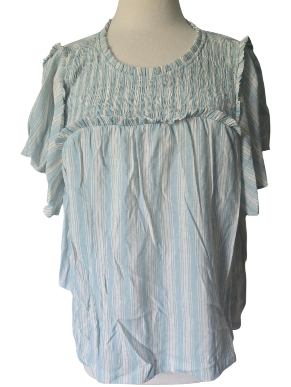 LC Lauren Conrad Light Blue and White Striped Ruffle Sleeve Blouse